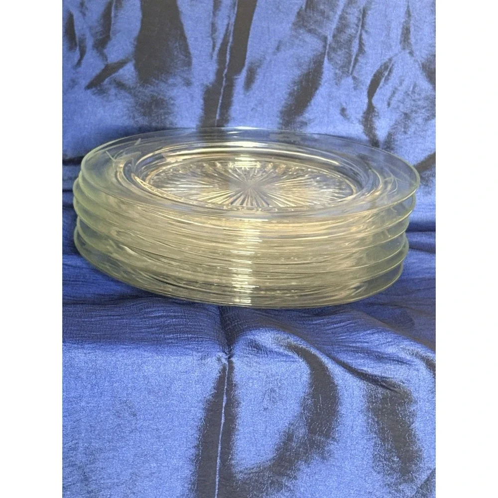 Vtg Elegant Clear Glass Plates Set 6 Etched Floral Rim Rays Starburst Center